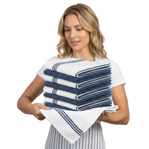 Serviette de cuisine en coton 100% réutilisable, écologique, lavable en machine, à absorption d'eau numérique, à rayures brodées en jacquard bleu et blanc - Product Image 1