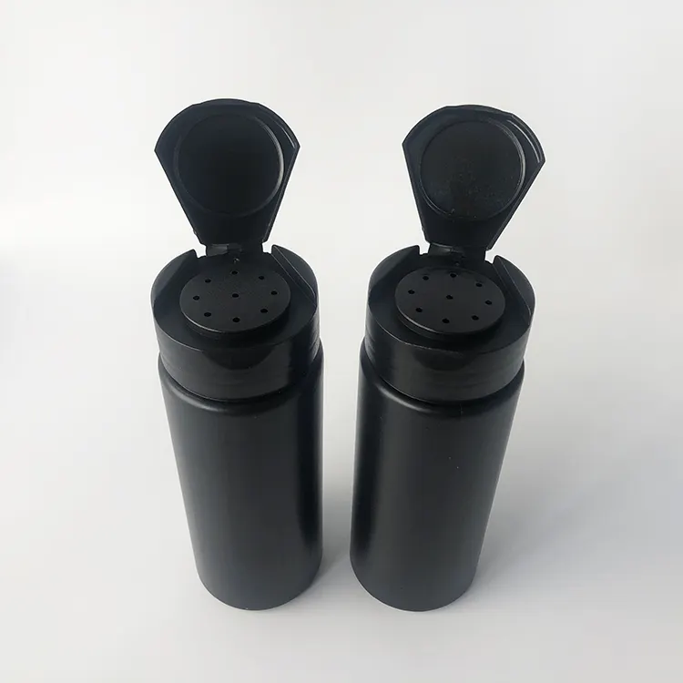 Benutzer definiertes Logo 150g 5 Unzen Kunststoff schwarze Talkum puder flasche mit Klappdeckel, 150ml Körper Talkum loser Pulver behälter