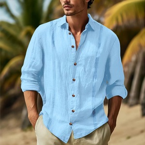 2024 printemps et automne nouvelle couleur unie coton et lin mélange <span class=keywords><strong>Collage</strong></span> revers à manches longues décontracté hommes chemise - Product Image 4