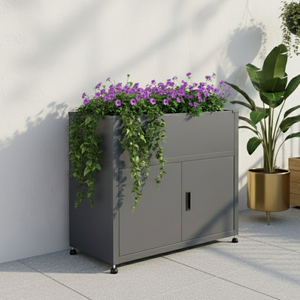 Armoire de rangement extérieure en métal surélevée avec jardinière intégrée, moderne, 2 portes, pour outils, en acier galvanisé - Product Image 1