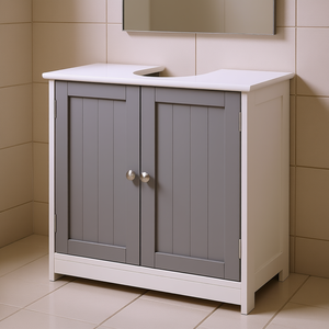 Mueble de baño blanco y gris de 48 pulgadas en forma de U con estante ajustable, de pie, diseño moderno - Product Image 2