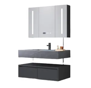 KD-BC304W Grace Hotel Sanitary Ware Wooden Bathroom Mirror Cabinet with Light Grey Colored Marble Top Wash Basin with Drawer