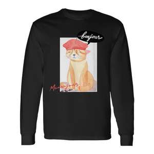 Camiseta de manga larga Cat In Paris con diseño gráfico negro para hombres y mujeres, ropa informal unisex - Product Image 1