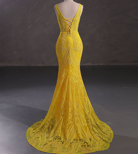 Robe de soirée sexy européenne américaine à col en V avec paillettes, sans manches, robe de bal, robe de soirée, taille empire, silhouette sirène, longueur au sol - Product Image 6