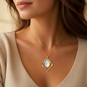 Natural Rainbow <b>Moonstone</b> Necklace 18K Gold Plated Oval Cabochon Blue Sheen Gemstone Pendant Abstract Frame <b>Jewelry</b> for Women - Product Image 3