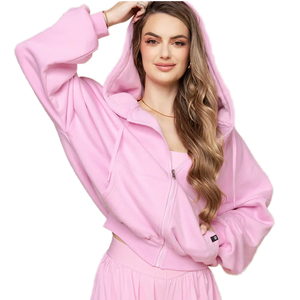Sudadera con capucha extragrande rosa para mujer con mangas abullonadas y cremallera frontal, diseño de punto sólido, estilo otoñal - Product Image 2