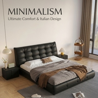 Cadre de lit moderne de luxe italien minimaliste avec tête de lit carrée capitonnée en cuir noir, lit King ou Queen pour chambre principale
