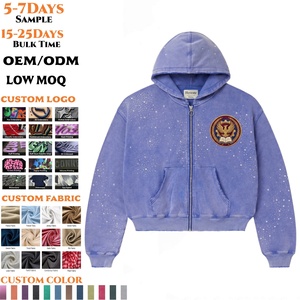 How Supplie Custom Unisex Streetwear Zipper Hoodie 6723 Wholesale Vintage Wash Cotton Rhinestone <b>Zip</b> <b>Up</b> Hoodie OEM ODM Supplier - Product Image 1
