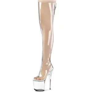 8英寸-20厘米透明水晶底异国情调舞蹈女模特猫步钢管舞过膝靴性感恋物癖优雅