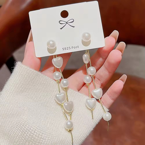 Women's Modern Daily Wear Gold-Plated Round Pearl <b>Heart</b> Stud Earrings Fashion Design With <b>Sweet</b> Long Tassel Made From Alloy - Product Image 6