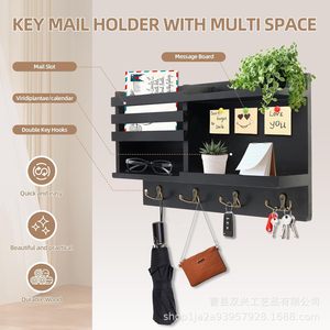 Porta Llaves de Pared de Madera Maciza, Organizador de Cartas, Rectangular Negro Quemado, Estante de Almacenamiento Multiusos para el Hogar - Product Image 3