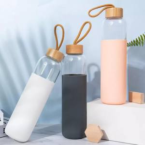 Portable Glass Water Bottle With Bamboo Lid Silicone Sleeve Carrying Strap <b>Outdoor</b> Use 2.8mm Thick Hand Blown - Product Image 2