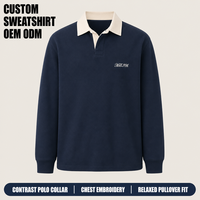 Sweat-shirt personnalisé pour homme bleu marine avec col polo contrastant crème, broderie sur la poitrine, poignets côtelés, coupe décontractée pour le streetwear