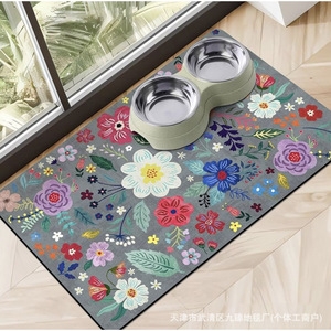 Floral Pattern Pet Food <b>Mat</b> Rectangle Diatomaceous Earth Stain Resistant Easy Clean For <b>Cat</b> Dog Feeding Area - Product Image 5