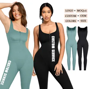 Hexin baju monyet gym wanita, Jumpsuit olahraga Sauna satu potong tanpa lengan membentuk tubuh pakaian lari ritsleting depan