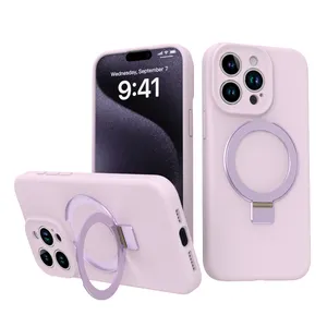 Shockproof Soft Liquid Silicone Phone Case with Camera Lens Holder Protection for iPhone 15 Pro Mobile Phone Accessories