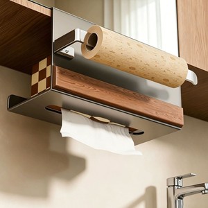 Under Cabinet Tissue Holder Wood Grain No Drill Paper Towel Dispenser Kitchen Storage Rack - Product Image 1