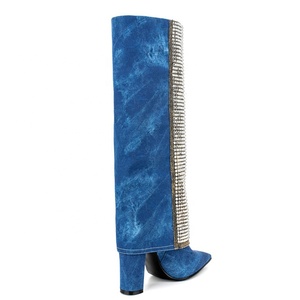 Denim Diamonds Patchwork Overlay Booties Women's Shiny Rhinestone Knee High <b>Boots</b> Blue High Chunky Heel Shoes Large Size 45 - Product Image 3