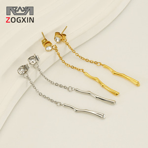 Zogxin Stainless Steel Tassel Drop Earrings 18K Gold <b>Silver</b> <b>Stud</b> Chain Bamboo Design For Women Party Jewelry - Product Image 1