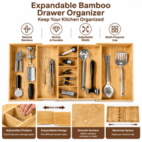 Organisateur de tiroir de cuisine extensible en bambou de qualité supérieure avec plateau à ustensiles, type vertical non pliable, respectueux de l'environnement