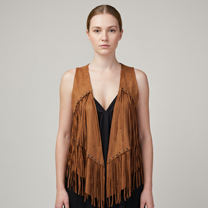 Women Brown leather Fringe <b>shawl</b> Sleeveless Long Layered Boho Style <b>Wrap</b> Top - Product Image 1