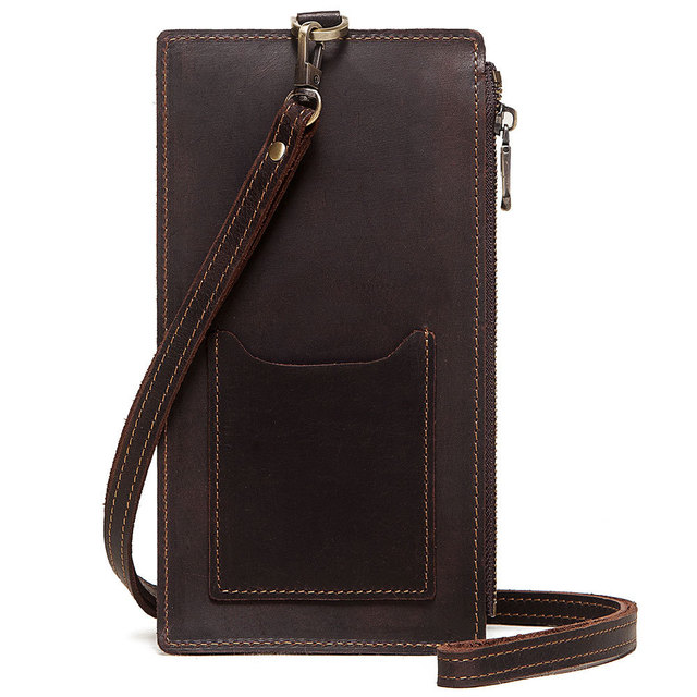 Boshiho New Genuine Leather Long Slim Design Zipper Pocket Pouch Men's Bag Cell Phone Credit Card Holder Shoulder Bag
