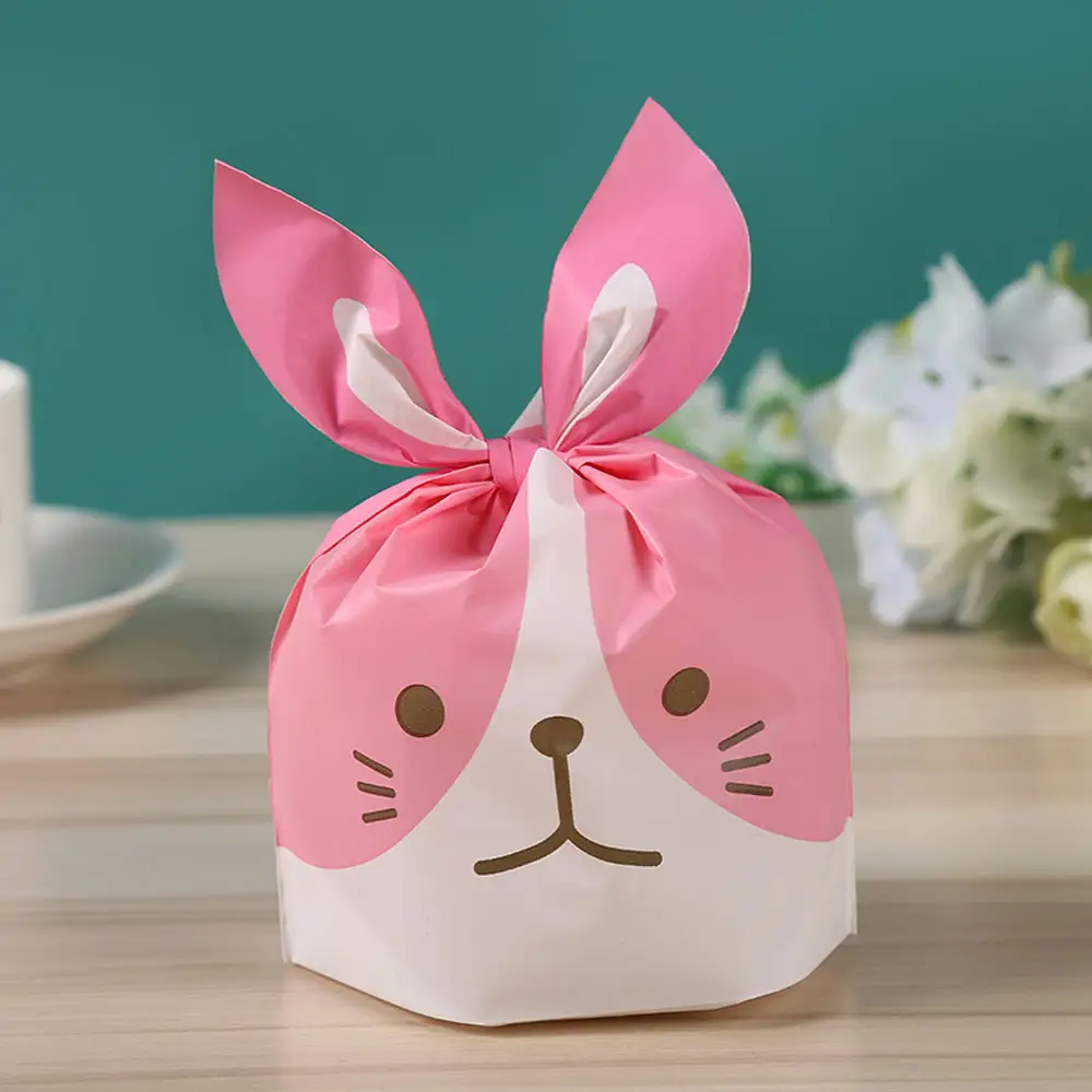 Custom Cartoon Cute Rabbit Long Ear Bunny Packaging Bag Gift Bags Pink Lovely Bunny Ears Gift Wrap Candy Plastic Packing Bags