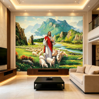 Peinture murale Jésus-Christ le Bon Pasteur, Papier peint d'art chrétien classique, Tête de lit de suite d'hôtel, Salle d'activités d'église, Décoration de hall d'entrée