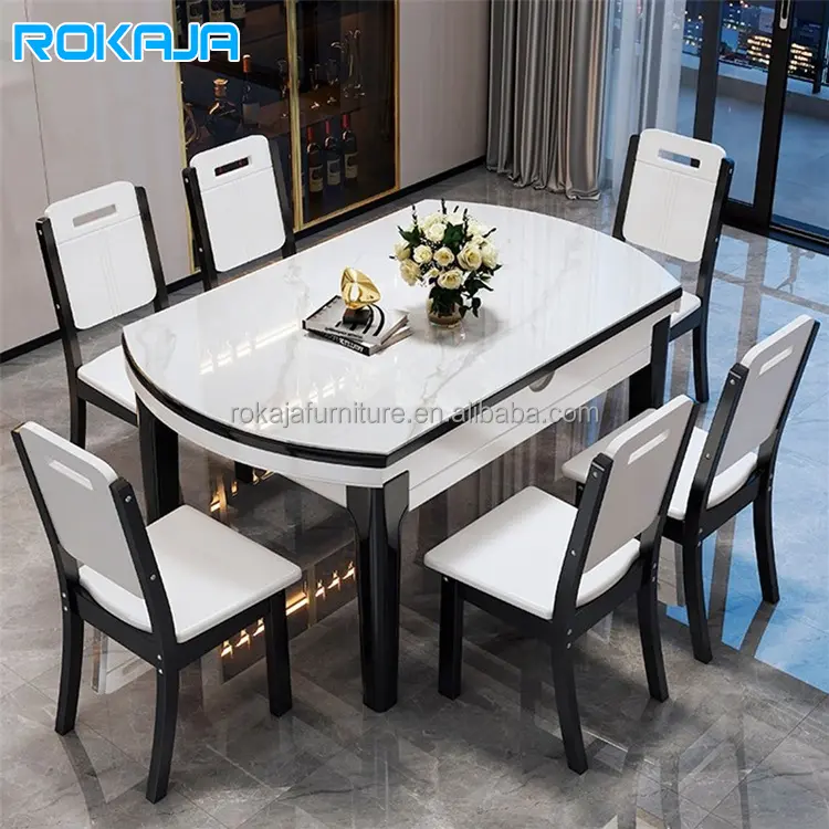 Barato plegable Rectangular 1 + 6 mesa de comedor y sillas de madera maciza losa de roca juego de mesa de comedor mesa redonda de cena extensible