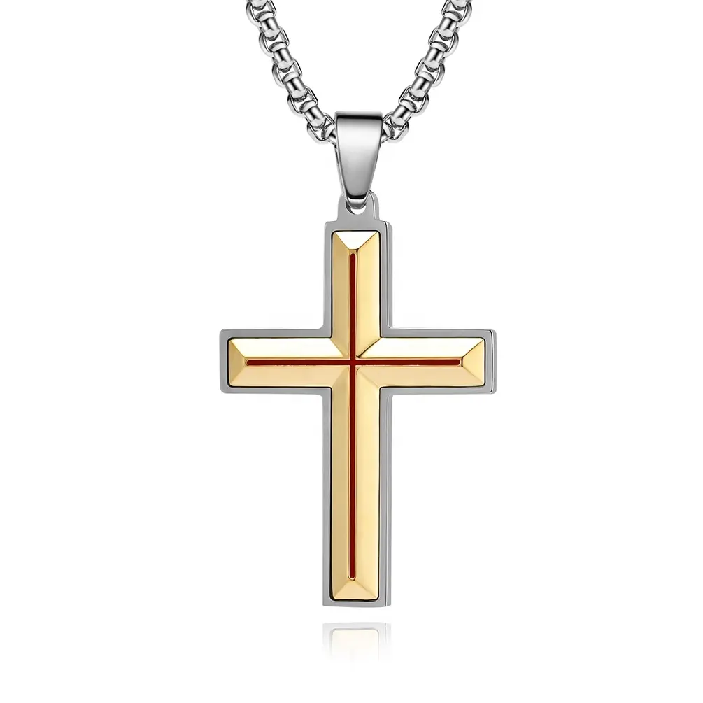 Double Color Middle Line Shiny Stainless Steel Jewelry Cross Pendant Necklaces For Men