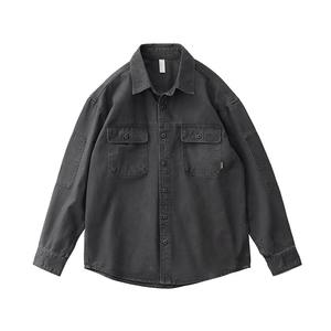 Veste chemise <span class=keywords><strong>grise</strong></span> et verte décontractée pour <span class=keywords><strong>homme</strong></span> Chemise <span class=keywords><strong>de</strong></span> <span class=keywords><strong>travail</strong></span> à manches longues délavée en détresse Loose American Retro pour le printemps et l'automne - Product Image 6