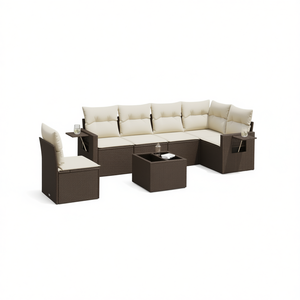 Ensemble de canapés de jardin en rotin brun avec coussins crème, mobilier d'extérieur au design contemporain, résistant à l'eau et aux UV, en rotin PE - Product Image 1