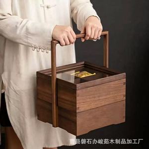 Caja de regalo rectangular de madera de nogal, portátil, de varias capas, para guardar té, pastel de luna, aperitivos. - Product Image 1