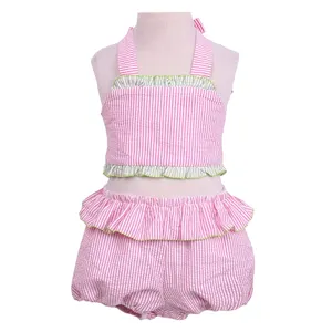 Monogrammed Seersucker Ruffle Two Piece Infant toddler girls' Swimsuit Summer Custom Baby Girl's Swimwear