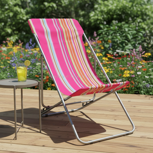 Chaise longue pliante moderne d'extérieur en acier, confortable, en tissu polyester imprimé sérigraphié, idéale pour la plage - Product Image 1