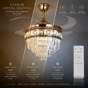 Gold Crystal Invisible Ceiling Fan with 3-Color Dimmable Light - Super Quiet 6-Speed Reversible Fan for Living Room and Bedroom - Product Image 6
