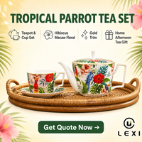 Service à thé en céramique motif perroquet tropical, théière et tasses avec bordure dorée, motif hibiscus et ara floral, service à café en porcelaine pour la maison, cadeau pour le thé de l'après-midi