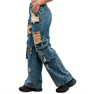 Jean <span class=keywords><strong>baggy</strong></span> pour <span class=keywords><strong>femme</strong></span> High Street en coton/élasthanne respirant, avec plusieurs poches, en denim délavé, coupe large, style <span class=keywords><strong>cargo</strong></span> - Product Image 2
