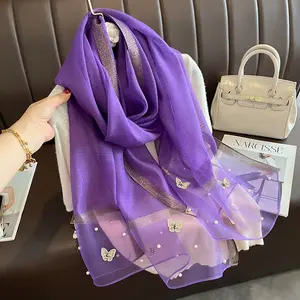 Fancy New Butterfly Embroidery Silk Blend Scarves Shawls Women Plain Color Shiny Silk Feeling Scarf Stole With Pearl Bead Hijabs