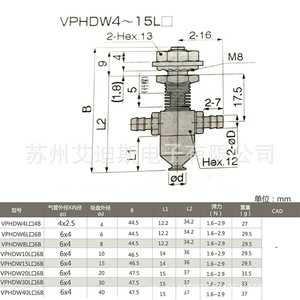 Ventouse à vide pneumatique Vphdw4 15L, diamètre extérieur 6x4, bride standard, commande manuelle - Product Image 1