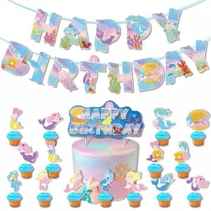 Palmy sirène princesse thème fête décor <span class=keywords><strong>anniversaire</strong></span> papier bannière feuille ballon gâteau Topper décoration <span class=keywords><strong>petite</strong></span> sirène fête fournitures - Product Image 3
