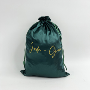 Royal Blue Satin <b>Pouches</b> with Gold Print Logo - Luxury <b>Drawstring</b> Bags for Cosmetics & Jewelry - Product Image 5