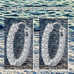 925 Sterling <b>Silver</b> Men & Women Hip Hop Iced <b>Hoop</b> Earrings 15mm Rhodium Plated 5A CZ Zircon - Product Image 2