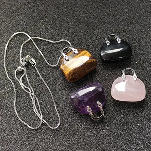 Fashion natural healing crystal semi-precious stone pendant obsidian rose quartz mini handbag charm necklace chain jewelry
