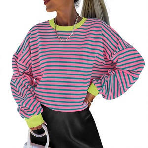 Sweat-shirt rayé oversize pour femme, col rond, épaules tombantes, manches longues, tricoté, décontracté, pour le printemps, prix abordable, haute qualité - Product Image 1
