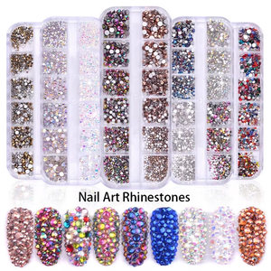 12 rejillas de cristal de colores 3D para decoración de <span class=keywords><strong>uñas</strong></span>, <span class=keywords><strong>piedras</strong></span> <span class=keywords><strong>acrílicas</strong></span>, taladro plano brillante, piedra brillante, diamantes de imitación - Product Image 1