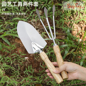 BuyTuy Ensemble d'outils de jardinage, pelle et râteau en acier inoxydable, manche en bois, résistant à la rouille, pour l'aménagement paysager et la plantation - Product Image 1