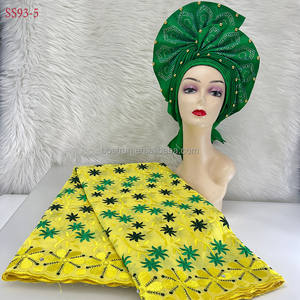 SS93 encaje suizo con bufanda tela nigeriana ASO Oke con turbante de cuentas auto gele headtie mujeres capó headwrap tela de encaje africano - Product Image 6