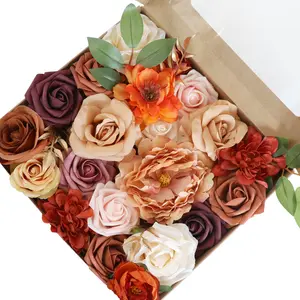 결혼 선물 가정 장식 꽃다발 진한 베이지 인공 장미 모란 상자 HH077 창조적 인 새로운 꽃 수제 DIY 생일 2 PCS