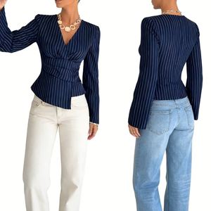 Blusa de Mujer con Cuello en V y Rayas Finas - Top Peplum de Manga Larga con Cintura Fruncida, Camisa de Moda para Mujer - Product Image 4